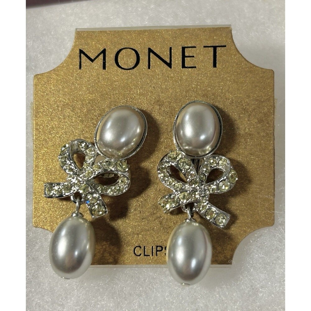 Monet Silver-tone Clip-on Earrings Rhinestone Bows Grey Faux Pearls